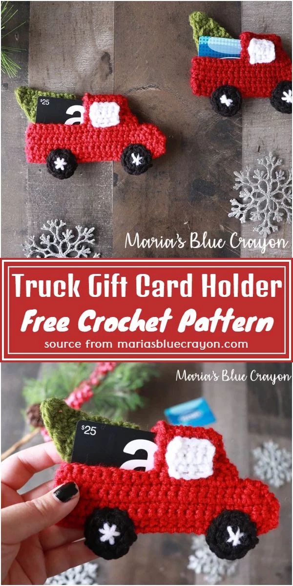 a crocheted christmas ornament with the words truck gift card holder