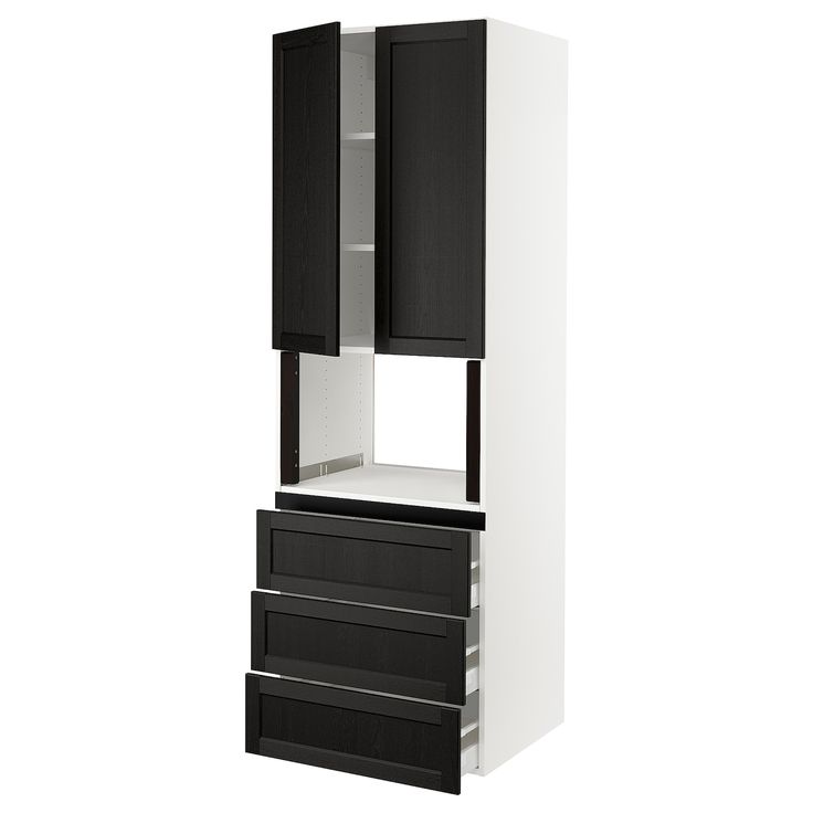 a white and black cabinet with drawers on it's sides, against a white background