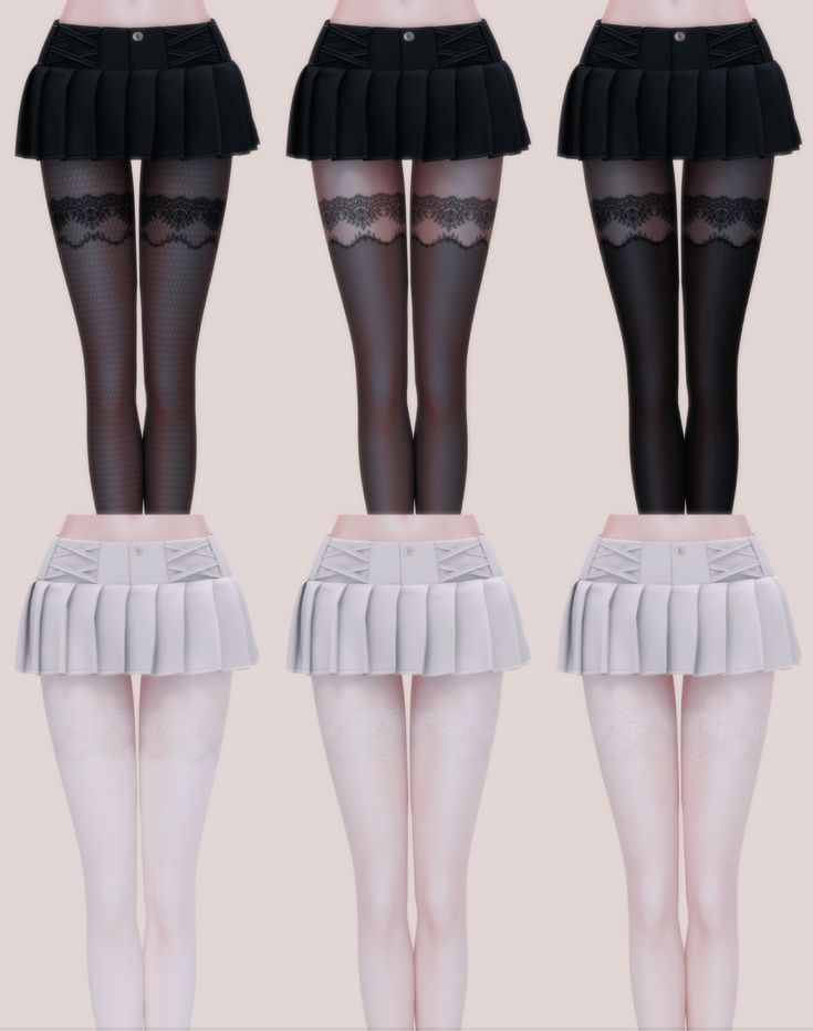 four different views of the same woman's skirt and stockings, all in black and white