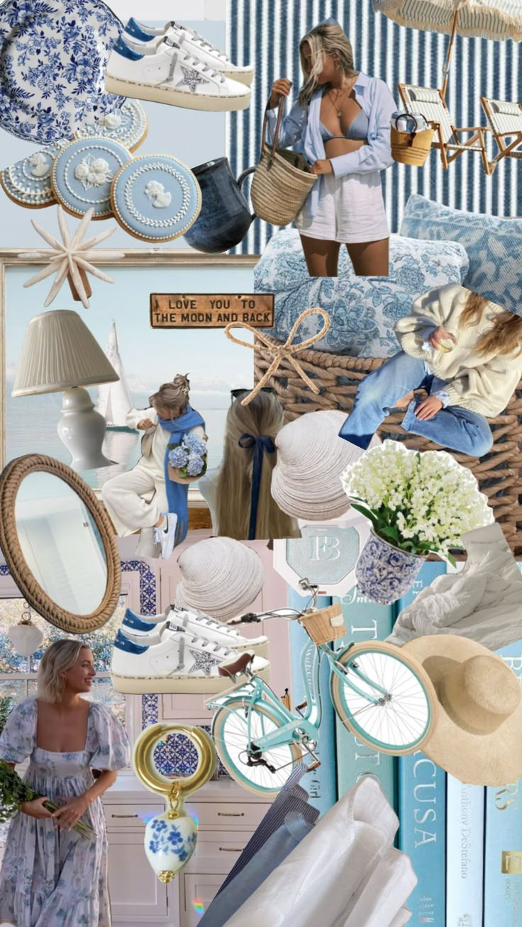 a collage of blue and white items including shoes, hats, vases and other things