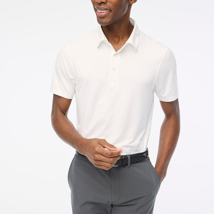 90% Polyester/10% Elastane.Moisture-Wicking.Uv Protection.Breathable.Machine Washable.Machine Wash.Imported. Fitted Moisture-wicking Polo Collar Tops, Fitted Moisture-wicking Polo Tops, Moisture-wicking Fitted Polo Collar Tops, Modern White Short Sleeve Polo Shirt, Slim Fit Summer Polo Shirt, Fitted Moisture-wicking T-shirt For Golf, Classic Fitted Collared T-shirt, Modern Formal Tops With Polo Collar, Fitted Polo Shirt For Business Casual