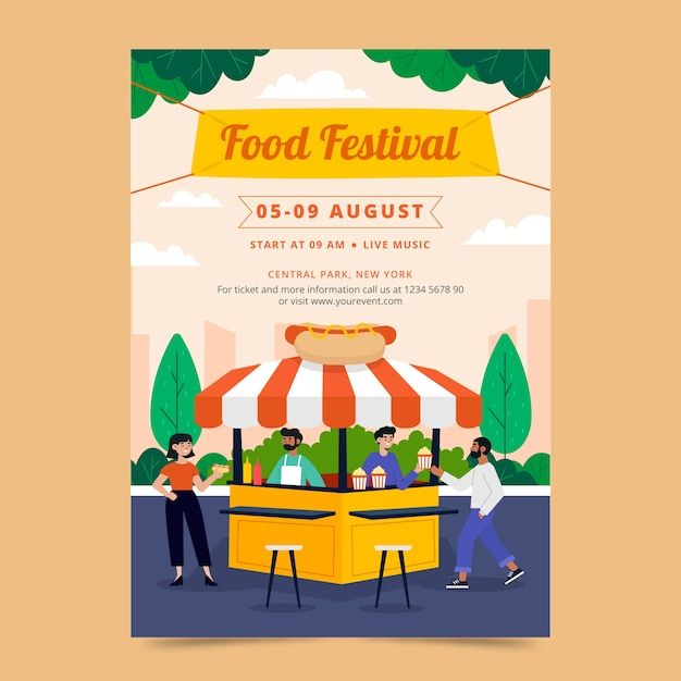 a poster for a food festival with people standing in front of the stand and eating