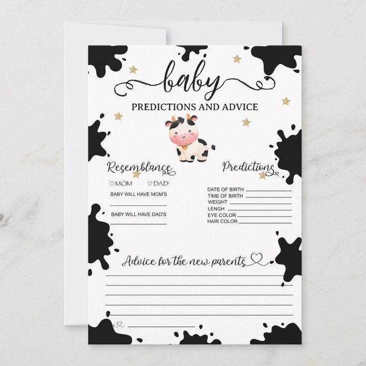 a black and white baby dedication card with a cow design on it's side