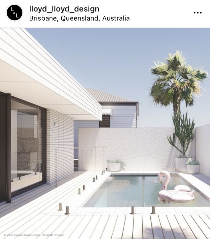 an image of a pool in the middle of a house with white walls and wood flooring