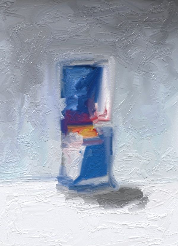 an abstract painting of a blue and white chair with red, yellow, and blue accents