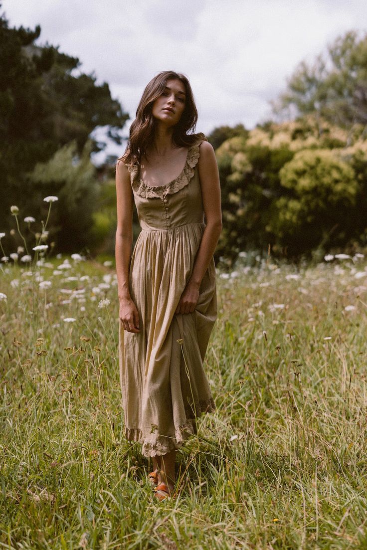 KHAKI SUMMER DRESS Prairie Style Clothes, Brown Cottagecore Dress, Beige Sleeveless Dress For Garden Party, Sleeveless Beige Dress For Garden Party, Beige Sleeveless Midi Dress For Garden Party, Feminine Summer Dresses For Gatherings, Feminine Dresses For Summer Gatherings, Beige Spring Dresses For Gatherings, Beige Dresses For Spring Gatherings