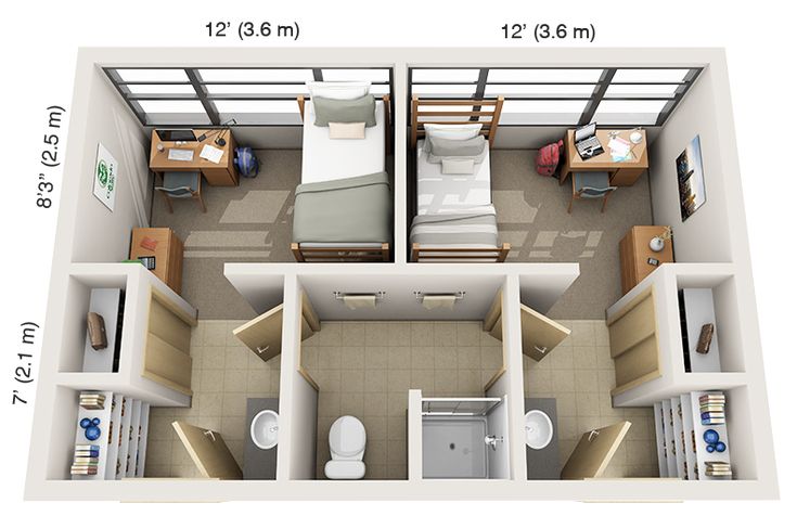 an overhead view of a bedroom and living room in a small apartment, with the measurements shown