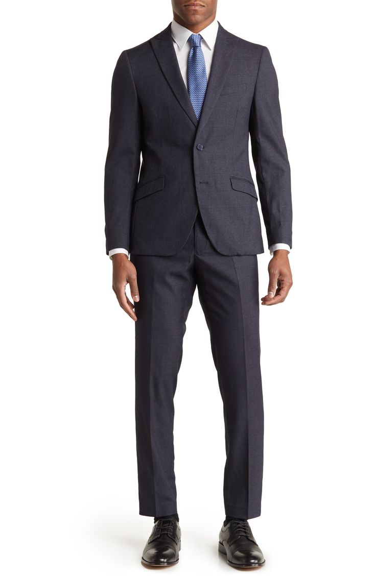 A windowpane pattern brings modern style to a sophisticated double button, peaked lapel jacket that is the perfect finishing touch for the included trousers. Top: 30" rise Bottom: 11" rise, 30" inseam (size 40R) 2-piece set Jacket: peaked lapels, double button closure, windowpane pattern, lined Trousers: zip fly, flat front Self: 76% polyester, 22% rayon, 2% spandex; Lining: 100% polyester Dry clean Imported Suits With Welt Pockets In Suiting Fabric, Office Wear Suits With Welt Pockets In Suiting Fabric, Office Wear Notch Lapel Suits, Modern Office Suits With Notch Lapel, Double Breasted Notch Lapel Suit For Office, Double Breasted Suit With Notch Lapel For Office, Business Casual Suits With Welt Pockets, Slim Fit Double Button Business Casual Suits, Modern Single Button Flat Front Suit