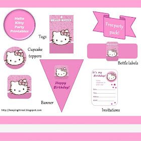 hello kitty birthday party printables and cupcake toppers, bunting flags