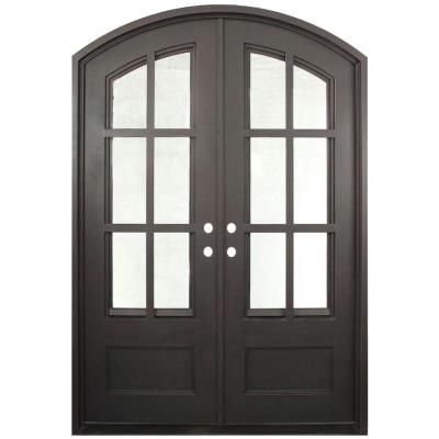 an arched double door with two sidelights and glass panels on the top, in dark wood