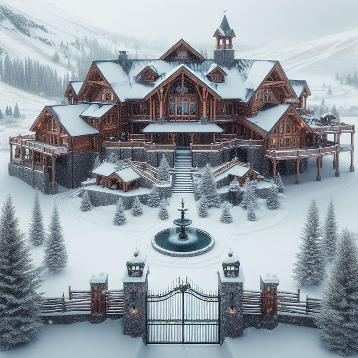 an aerial view of a large home in the mountains with snow on the ground and trees around it