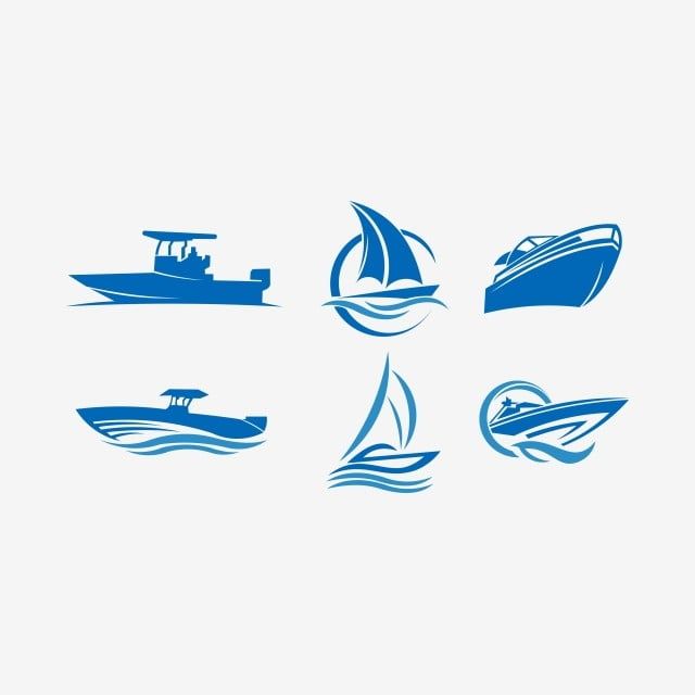 four different types of boats are shown in blue on a white background, each one has a smaller boat than the other