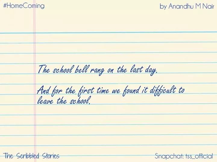 a piece of lined paper with writing on it that says, the school bell rings on the last day and for the first time we found it difficult to leave the school