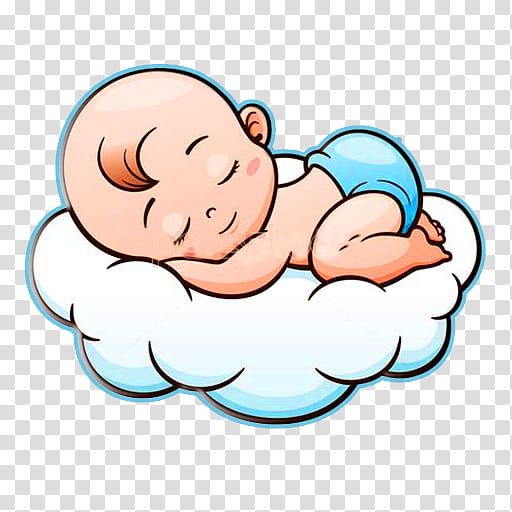 a baby sleeping on top of a cloud with its head resting on it's back