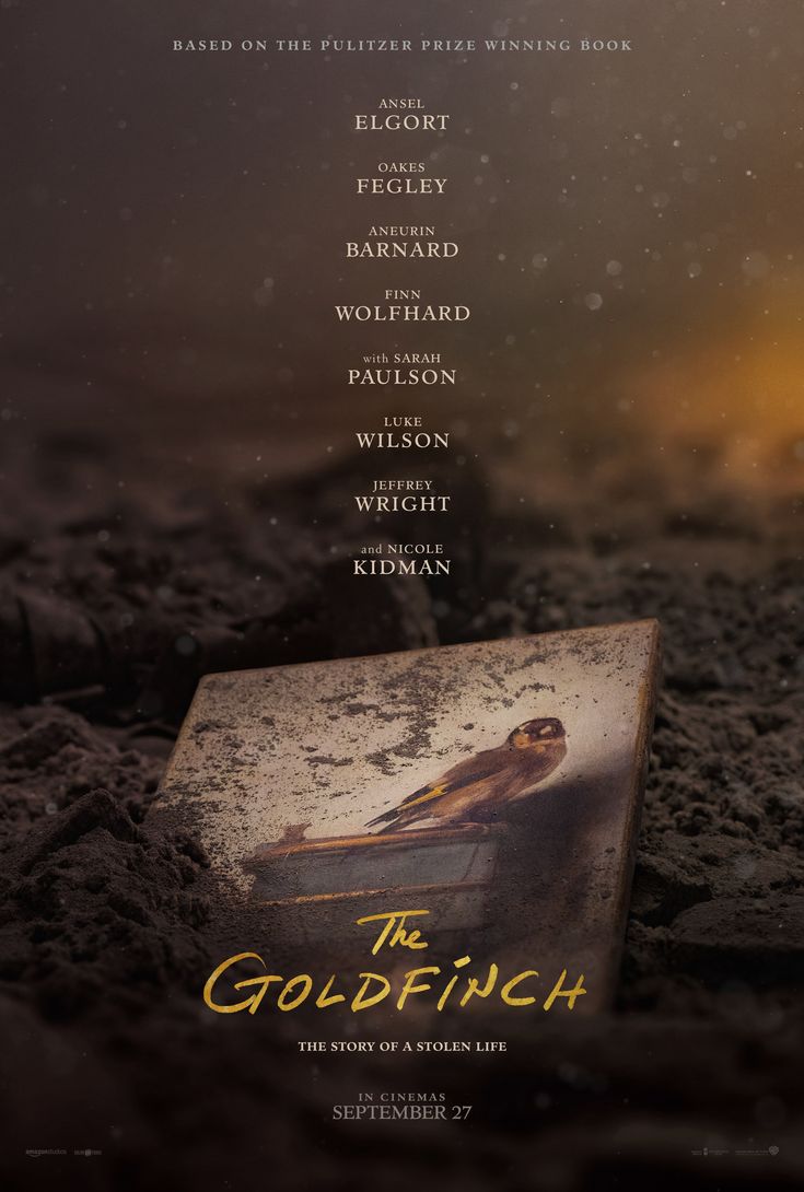 the goldfinch movie poster with an image of a bird sitting on top of a book