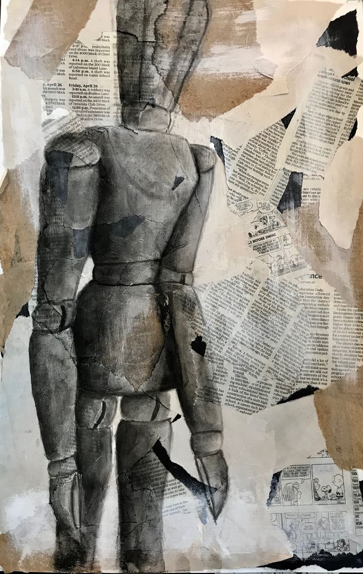 an altered photograph of a man standing in front of newspaper pages with his back turned to the camera