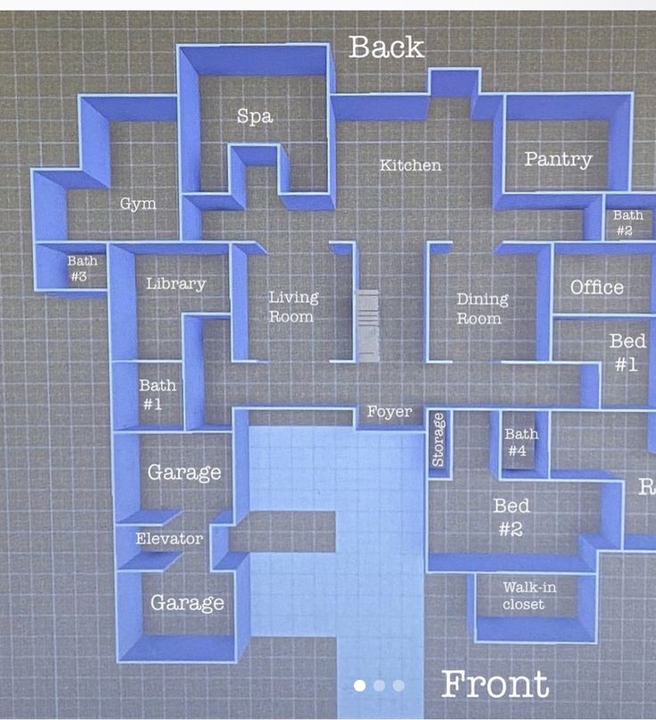 a blue floor plan is shown on a gray background with the words front and back