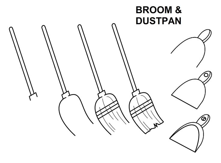 brooms and dustpans are shown in this black and white drawing, with the words broom & dustpan above them