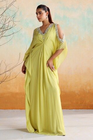 Neon green draped kaftan with zari embroidered floral motifs, embellished by beads and mirrorwork. - Aza Fashions Draped Kaftan, Kaftan Women, Kaftan Pattern, Green Drapes, Kaftan For Women, Satin Color, Floral Motifs, Aza Fashion, Neon Green