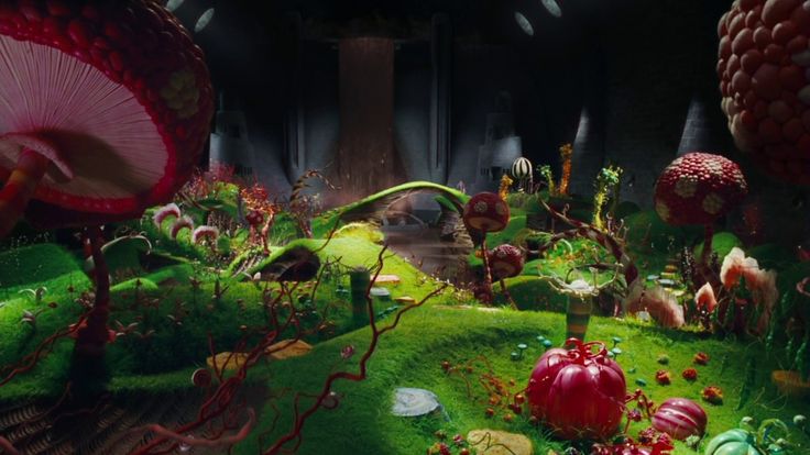 an animated scene with mushrooms, plants and other things in the background that appear to be floating