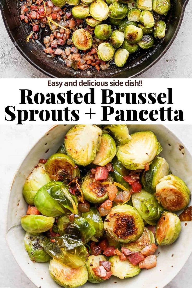 roasted brussel sprouts and pancetta in a skillet