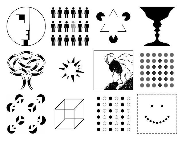 black and white graphic design with people, shapes, and symbols in the middle one has a person's face on it