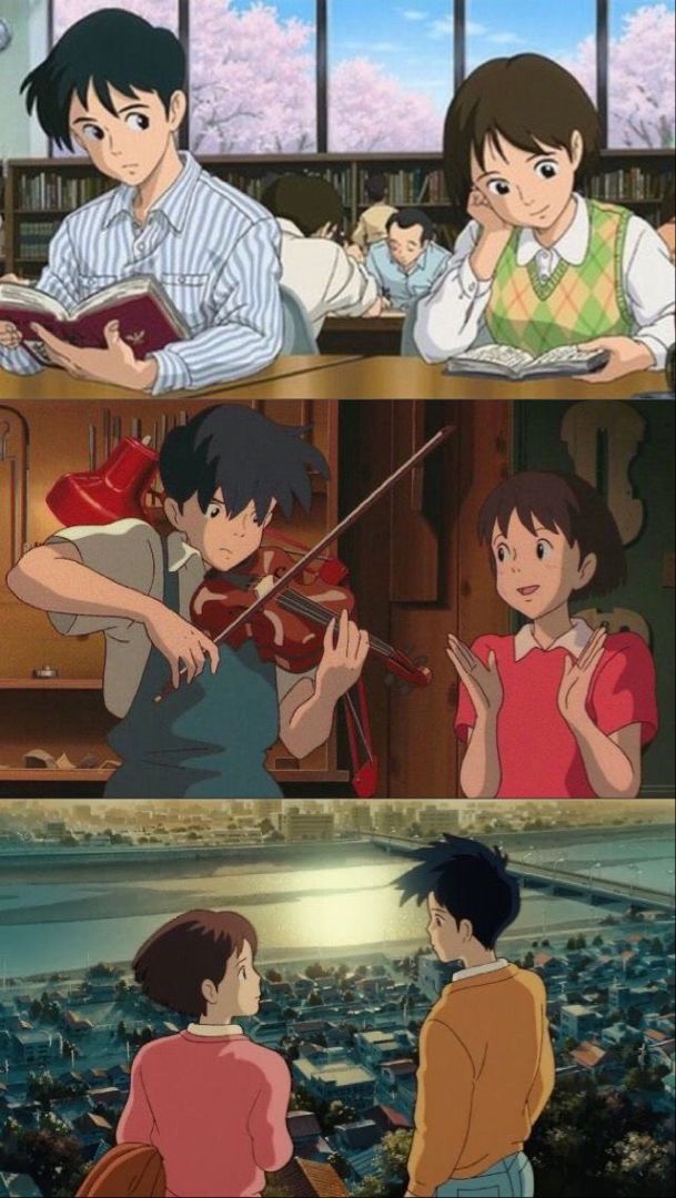 two anime scenes, one with an image of people playing violin and the other is reading