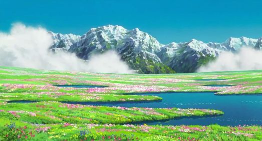 a painting of mountains and flowers in the foreground, with a body of water below