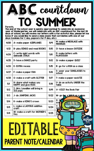 ABC Countdown and Snack Ideas A-z End Of Year Countdown, Countdown To End Of School Year, Abc Countdown To Summer First Grade, Abc Of Summer Activities, End Of Year Countdown Ideas 2nd Grade, Countdown To Summer Classroom Activities, End Of Year Alphabet Countdown, Abc End Of Year Countdown, Abcs Of Summer