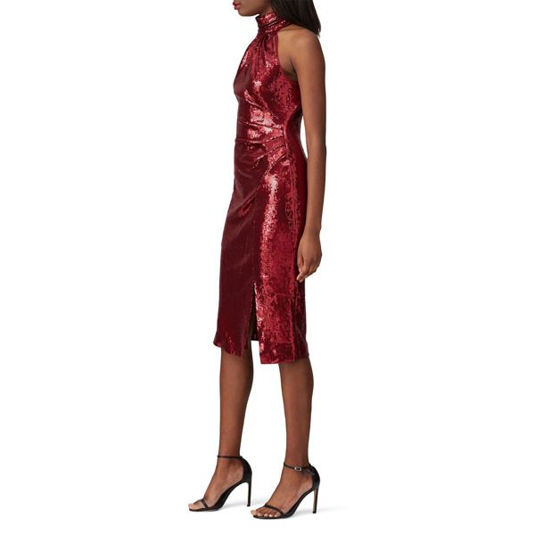 Red sequins (95% Rayon, 5% Spandex). Sheath. Sleeveless. High neckline. Fully lined. Hidden center back zipper closure. 42" from shoulder to hemline. Imported. Red Carpet Sleeveless Fitted Bodycon Dress, Red Carpet Sleeveless Bodycon Dress, Sleeveless Fitted Bodycon Dress For Red Carpet, Glamorous Sleeveless Sequin Dress With Back Zipper, Glamorous Red Sleeveless Sequin Dress, Fitted Halter Neck Red Carpet Dress, Sequin Sheath Bodycon Dress For Date Night, Fitted Halter Neck Dress For Red Carpet, Sleeveless Sequin Dress With Back Zipper For Evening