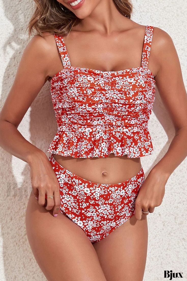 Bjux - Traje de baño de 2 piezas con estampado floral y adornos de volantes y delicado diseño Causal Dresses, Green Swimsuit, Square Neck Dress, Pink Swimsuit, High Waist Bottoms, Dress Measurements, Estilo Boho, Swim Bottoms, Floral Style