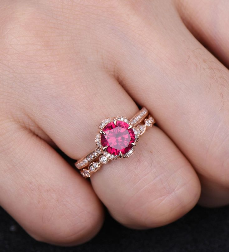 Ruby Ring Ruby Engagement Ring Dainty CZ Diamond Stacking Ring July Birthstone 14K Rose Gold Round Cut Ruby Ring Sterling Silver Rings Unique wedding set,perfect as engagement/wedding ring, birthday or anniversary gift, etc. Engagement Ring ❀gemstone is 7mm round cut lab ruby, about 1.6ct❀ ❀side stone and halo stone are CZ man made diamond stones,VVS Clarity,AAA❀ ❀925 Sterling Silver,Rose/White/Yellow Gold Plated❀ Wedding Band ❀Round cut CZ man made diamond stones,VVS Clarity,AAA❀ ❀925 Sterling Pink Gold Round Ruby Ring With Prong Setting, Pink Gold Ruby Ring With Prong Setting, Fine Jewelry Rose Gold Ruby Ring With Halo Design, Rose Gold Ruby Ring With Halo Design, Rose Gold Solitaire Ring For Valentine's Day, Pink Gold Ring With Halo Setting And Round Cut, Pink Gold Rings With Halo Setting And Round Cut, Pink Gold Rings With Halo Setting For Anniversary, Pink Gold Halo Setting Ring For Anniversary