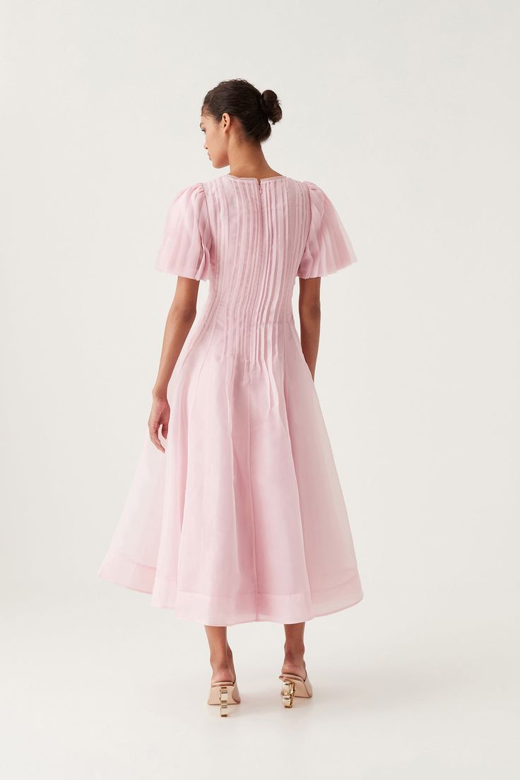 Nova Pleated Midi Dress | Chalk Pink | Aje – Aje ROW Modest Wedding Guest Dress, Sculptural Sleeves, Summer Pink Dress, Wedding Evening Dress, Summer Cruise, Flared Skirts, Gown For Women, Evening Dresses For Weddings, Evening Dresses Cocktail