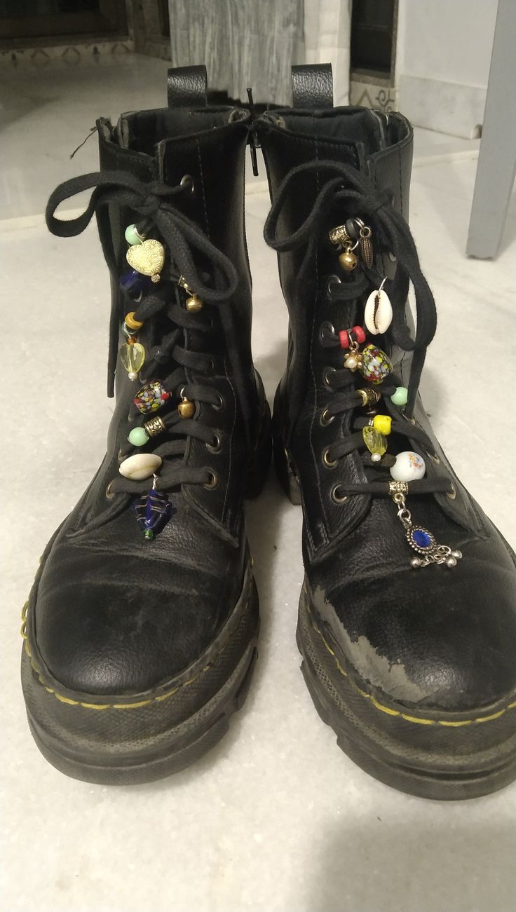 Decorated Combat Boots, Embroidered Combat Boots, Boots With Beads On Laces, Charms On Shoe Laces, Decorating Shoes With Beads, Decorated Shoe Laces, Shoe Laces With Beads, Custom Combat Boots, Custom Boots Diy