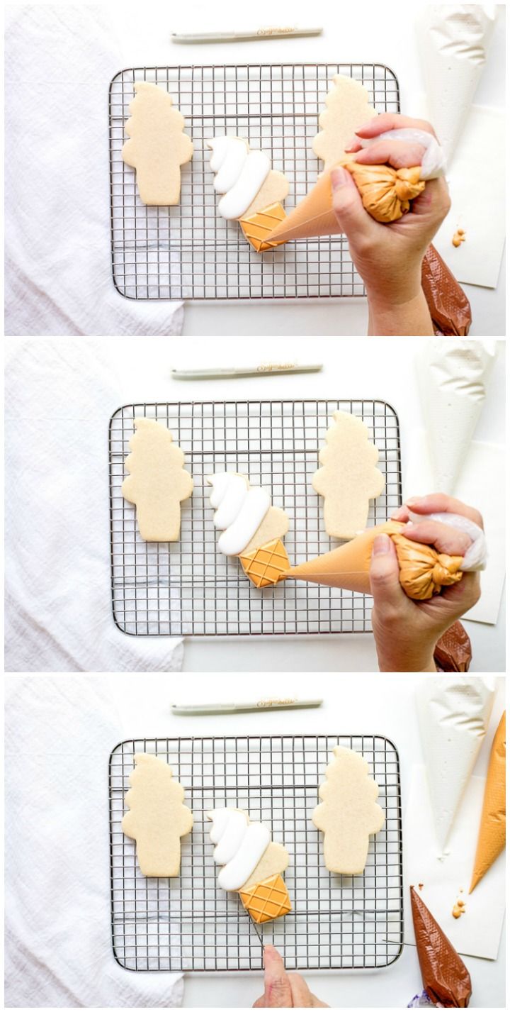 the process to make gingerbread cookies is shown in three different stages, including frosting and decorating