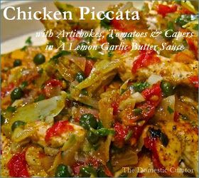 chicken piccata with artichokes, tomatoes and peppers in a lemon garlic butter sauce