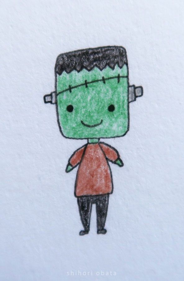 a drawing of a person with green hair and eyes, wearing a red shirt is standing in front of a white background