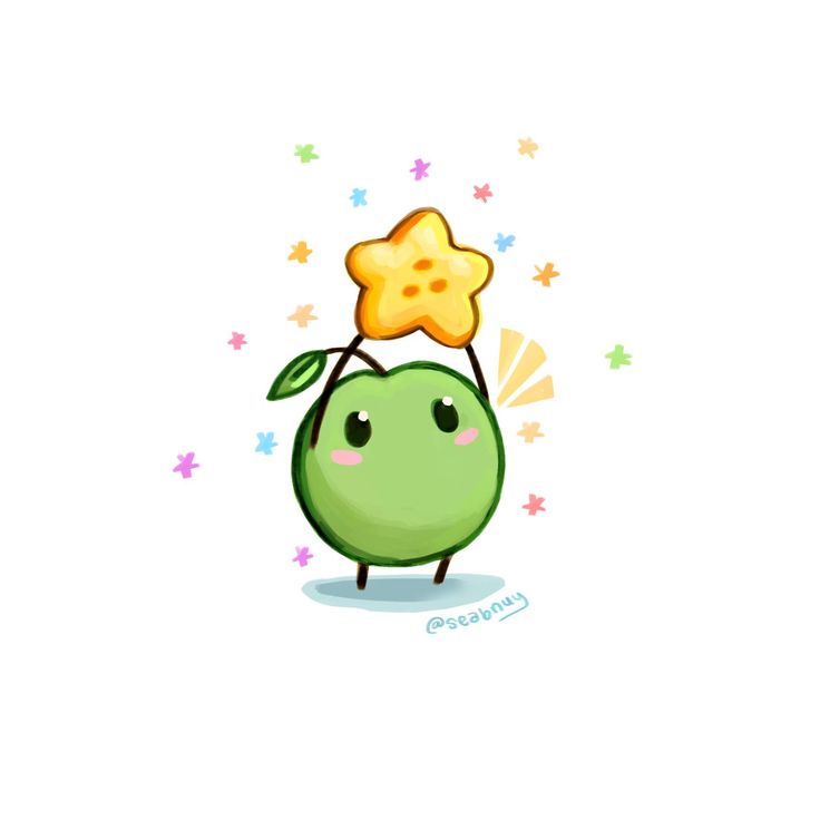 an apple with a star on its head holding a piece of food in it's hand