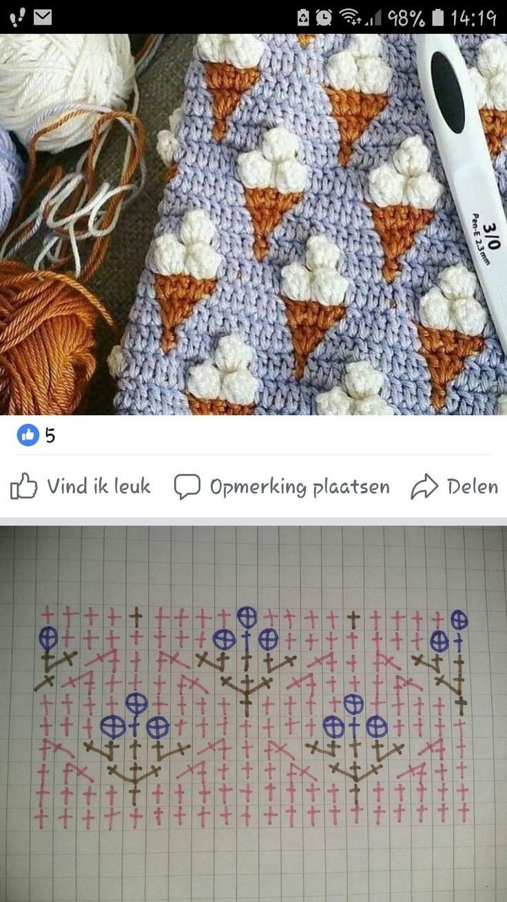 two pictures one shows crochet and the other shows an ice cream cone pattern