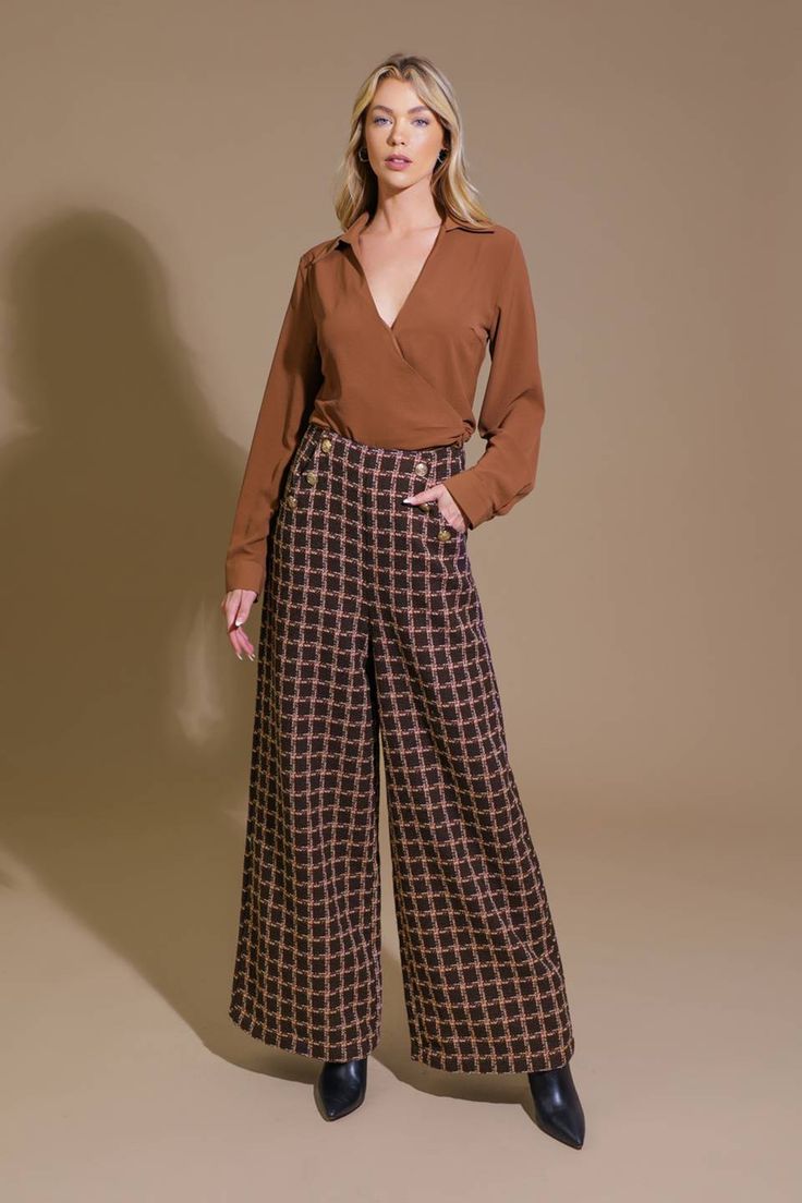 A tweed pant featuring side pockets with gold button detail and wide leg Details: Self : 100% PolyesterLining : 100% Polyester Size & Fit - Model is 5`8" And Wearing Size Small- Measurements Taken From Size Small- Approx. Length: 42" Inseam 29" Tweed Pants With Pockets For Fall, Tweed Bottoms For Business Casual In Fall, Fall Tweed Bottoms With Pockets, Fall Tweed Bottoms For Business Casual, Tweed Bottoms With Pockets For Work, Tweed Bottoms For Workwear In Fall, Fall Tweed Bottoms For Work, Brown Wide Leg Bottoms With Buttons, Fall Tweed Trousers