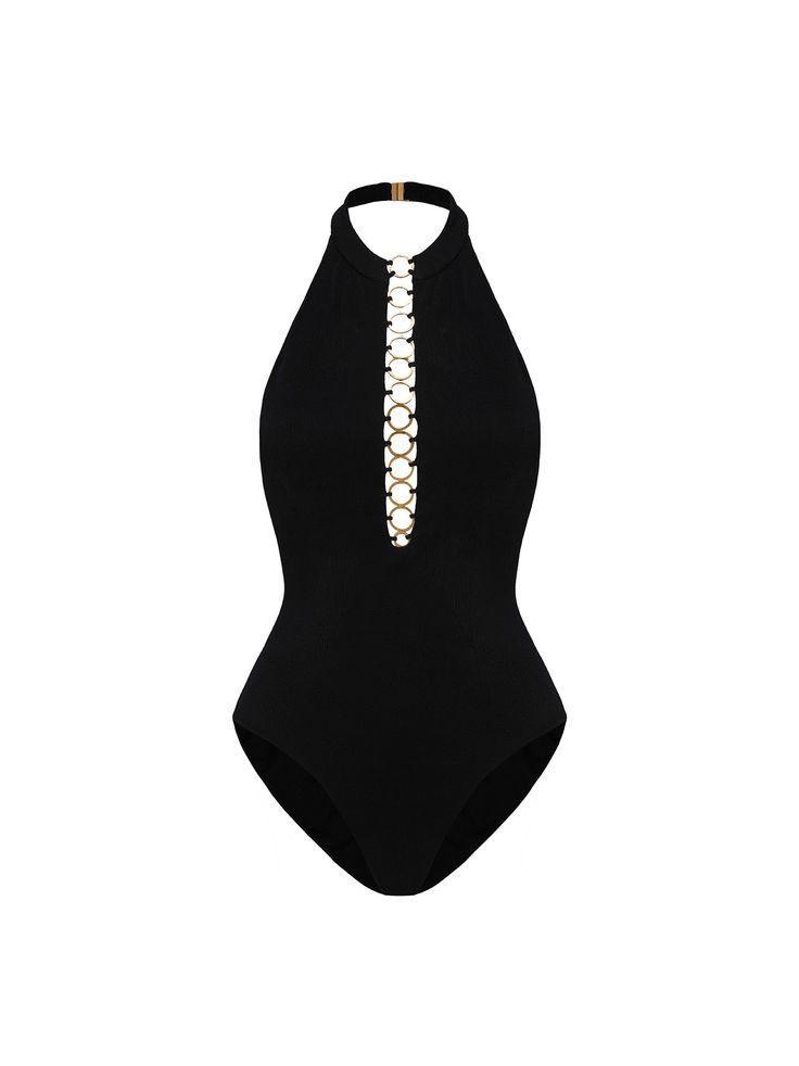 The Jasmine Bodysuit is a masterclass in exquisite design. The front chest features a row of hollow metal rings, transitioning from large to small, creating a flowing visual effect that highlights the beauty of a woman’s curves. This bold and seductive design seamlessly blends modern and classic elements without risking exposure. The metal buckle at the back of the neck is easy to open and close, with each buckle engraved with the Nana Jacqueline logo. High-quality satin breast pads provide supp Luxury Gold Swimwear For Party, Elegant Gold Stretch Swimwear, Elegant Backless Swimwear With Lined Body, Luxury Fitted Swimwear For Evening, Chic Gold Swimwear For Night Out, Elegant Black Backless Swimwear, Elegant Backless Black Swimwear, Chic Gold Stretch Swimwear, Elegant Backless Swimwear For Night Out