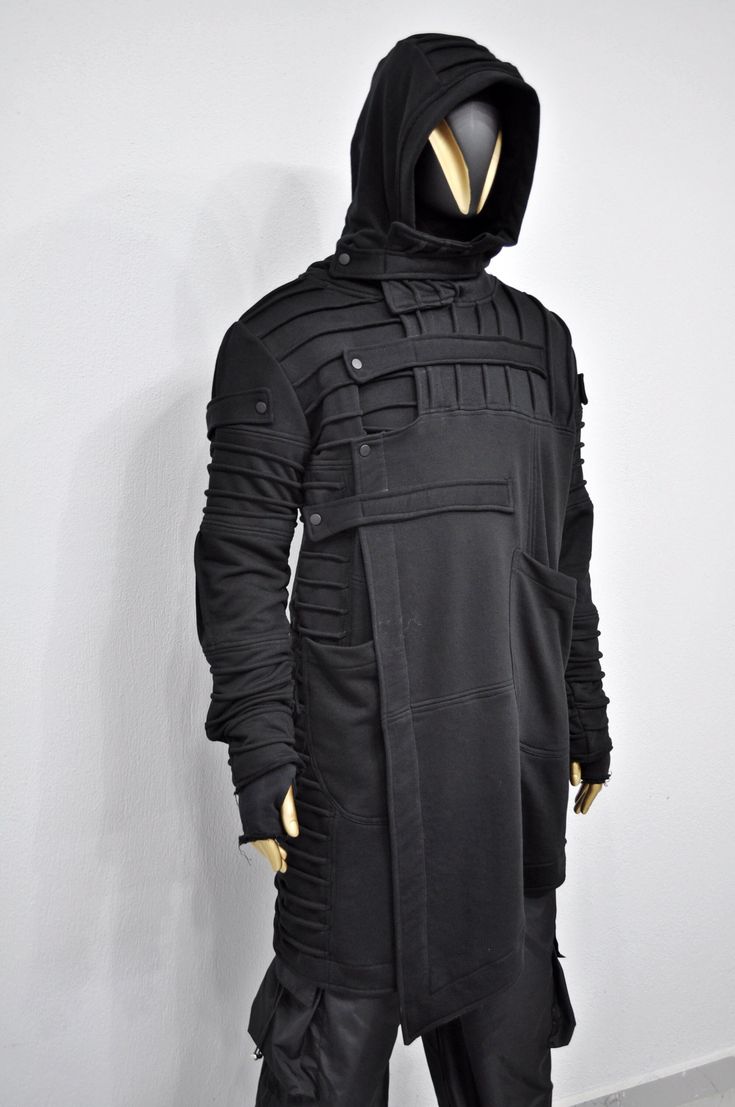 Sci Fi Fantasy Clothing, Techwear Jackets Men, Cybergoth Outfits Men, Gothic Long Sleeve Outerwear For Larp, Long Sleeve Techwear For Cosplay, Long Sleeve Techwear Outerwear For Cosplay, Techwear Long Sleeve Outerwear For Cosplay, Black Techwear Outerwear For Cosplay, Fitted Punk Outerwear For Cosplay Events