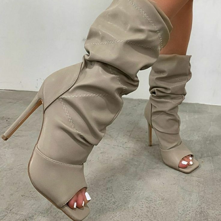 Brand New! Nude Ruched Square Toe Booties, With Stitching Detail Though Out, Inside Zip, Elastic Cuff And Stiletto Heel. Heel Height Approx 4.5" Faux Leather Upper, True To Size 11 Size 11 Women Shoes, Peep Toe Boots, Boutique Shoes, Fashion Shoes Heels, Shoes Heels Classy, Fresh Shoes, Wedge Ankle Boots, Cute Boots, Shoe Boutique