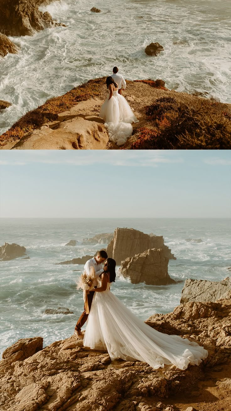 two photos of a bride and groom kissing on the rocks by the ocean in california