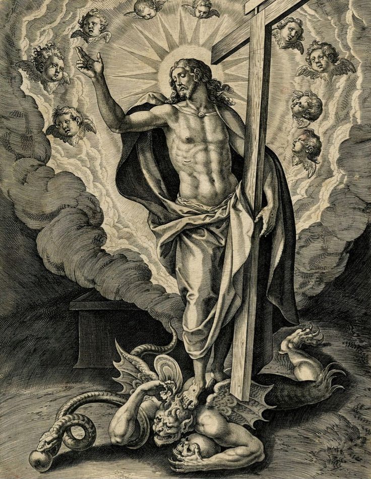 the crucifixion is depicted in this engraving