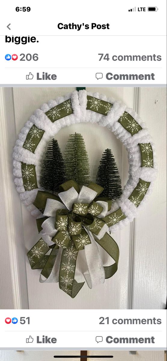 two christmas wreaths are hanging on the front door and one is decorated with pine trees