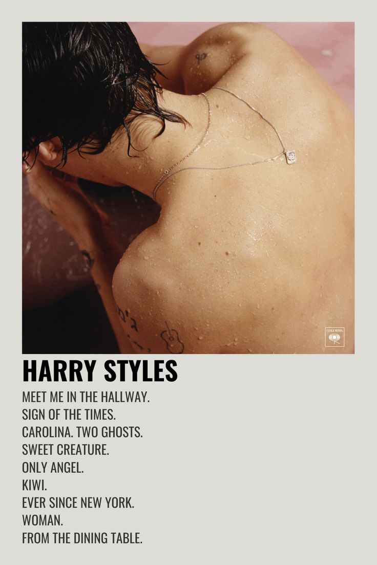 the harry styles poster is featured in black and white, with an image of a man's back