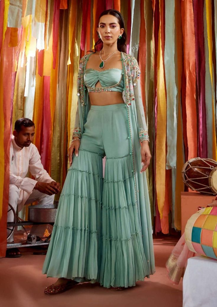 Sanya Gulati-Mint Green Cape, Bustier And Sharara-INDIASPOPUP.COM Cape Sharara, Function Dress, Wedding Fits, Green Cape, Embroidered Cape, Indian Bridesmaids, Function Dresses, Simple Pakistani Dresses, Sanya