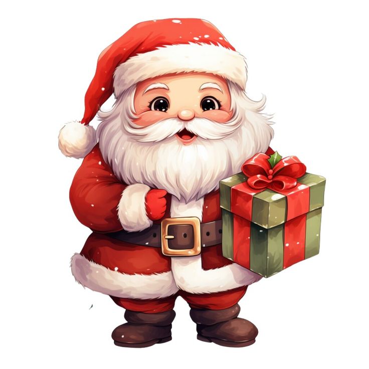 a cartoon santa claus holding a gift box