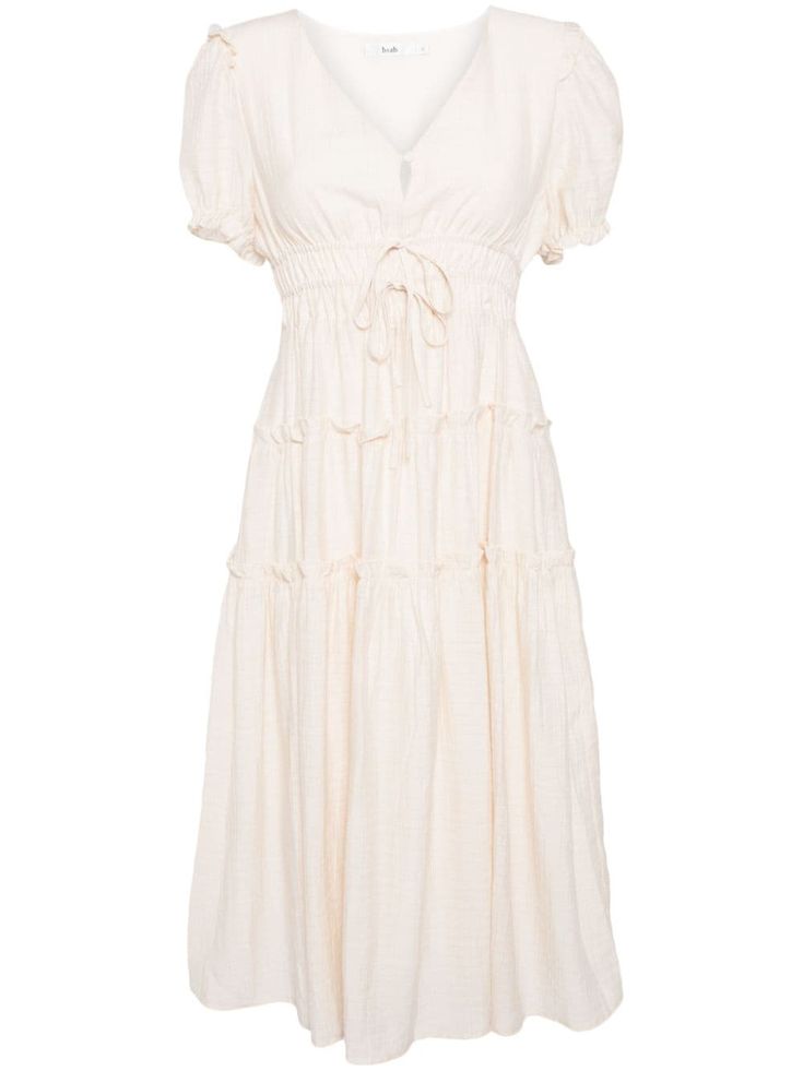 ivory white fully pleated ruffled trim V-neck front button fastening drawstring fastening short puff sleeves fitted waistline tiered skirt mid-length straight hem Bohemian Wedding Guest, Midi Dress White, City Dress, Tiered Midi Dress, Summer Beach Wear, Tier Skirt, White Midi Dress, Tiered Skirt, Ivory White